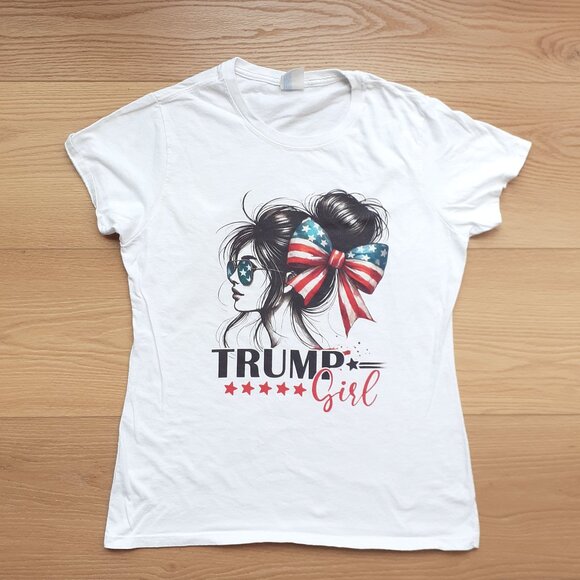 Trump Girl - Messy Bun - Red White and Blue - New Women's Medium White T-Shirt - Picture 1 of 4